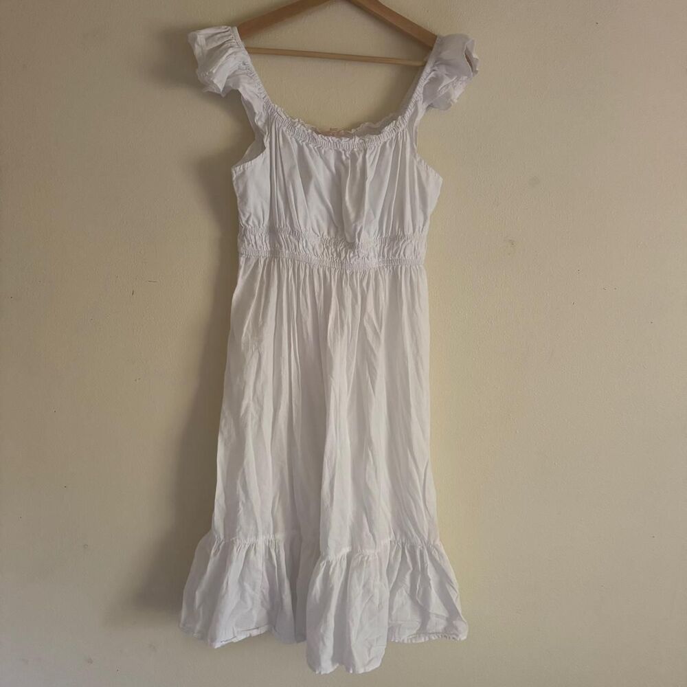 Dizzy Lizzy White Cotton Midi Dress L Ruffle Smocked Cottagecore Prairie Bridal